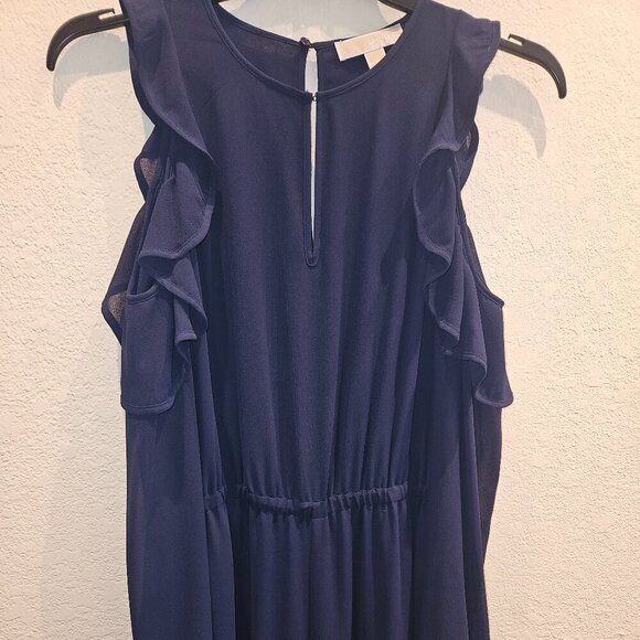 Michael Kors Pants - Party Navy blue wide leg holiday  pantsuit, cold shoulder Long Sleeve ruffle  M